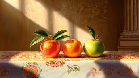 Beautifully arranged apples and oranges sit on a decorative table. Soft lighting enhances colors and textures, creating a warm, inviting scene perfect for culinary inspiration.の素材