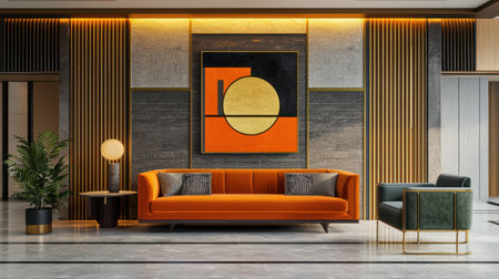A modern living room featuring an orange sofa and artistic wall decor. The space balances contemporary elements with inviting warmth, ideal for stylish interiors.の素材