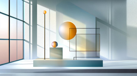 A captivating modern abstract composition featuring geometric shapes illuminated by natural light, creating an elegant and artistic atmosphere in a spacious interior setting.の素材