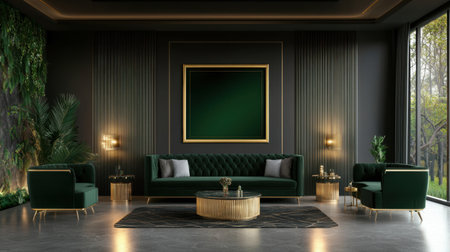 This luxurious living room features a stunning blend of green and gold tones, creating an elegant and inviting atmosphere. The modern furniture and decor elements enhance the overall aesthetic.の素材