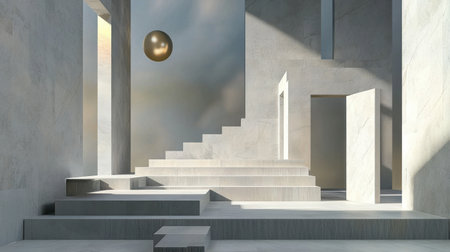 This abstract modern interior features geometric elements like stairs and a floating sphere, creating a serene play of light and shadows in a minimalist space.の素材