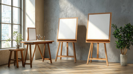 Bright and inviting art studio featuring empty easels, a wooden table, and a decorative plant, creating a perfect space for artistic creativity and inspiration.の素材