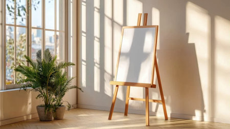 A bright and airy art studio featuring an empty easel beside a lush potted plant. Sunlight filters through the window, casting soft shadows, creating a serene and inspirational atmosphere for creativity.の素材