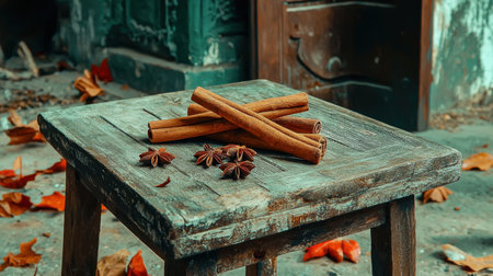 A rustic wooden table showcases cinnamon sticks and star anise, surrounded by autumn leaves, creating a cozy and inviting atmosphere perfect for culinary inspiration.の素材