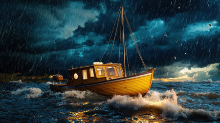 A lone yellow boat struggles against fierce waves and harsh rain during a dramatic storm, showcasing nature's raw power and the resilience of man at sea.の素材