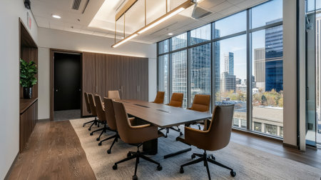 A modern conference room featuring a large table, ergonomic chairs, and floor-to-ceiling windows overlooking the cityscape. Ideal for business meetings.の素材