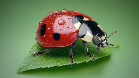 Captivating macro photograph of a ladybug resting on a green leaf adorned with raindrops, showcasing vibrant colors and intricate details of nature's beauty.の素材
