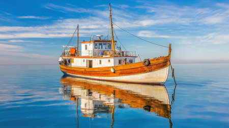 A historic boat floats serenely on calm waters, reflecting the clear sky. This picturesque scene evokes adventure and tranquility, perfect for travel inspiration.の素材