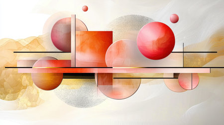 This abstract artwork features a captivating blend of geometric shapes and circles in soft hues, creating a harmonious and modern visual experience perfect for various artistic applications.の素材