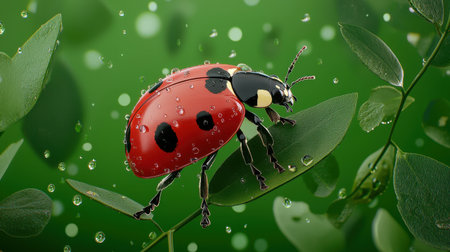A striking ladybug rests on a lush green leaf, adorned with sparkling dew drops. This close-up captures the rich colors and details of nature's beauty.の素材
