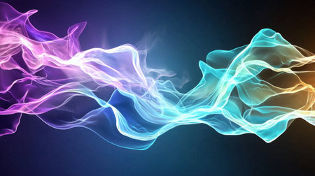 This captivating abstract image features colorful waves of light flowing gracefully across a dark background, creating an ethereal atmosphere full of energy.の素材