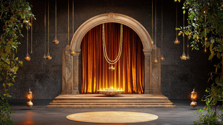 A striking stage featuring luxurious drapes and warm lighting, ideal for artistic performances or cultural events. The ornate design enhances the tranquil ambiance.の素材