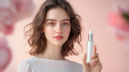 A serene portrait of a woman holding a skincare serum against a soft floral background, highlighting beauty, freshness, and elegance in skincare.の素材