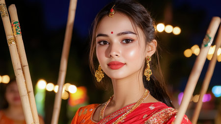 A stunning young dancer captures the essence of celebration, wearing vibrant traditional attire adorned with intricate jewelry, conveying grace and joy.の素材