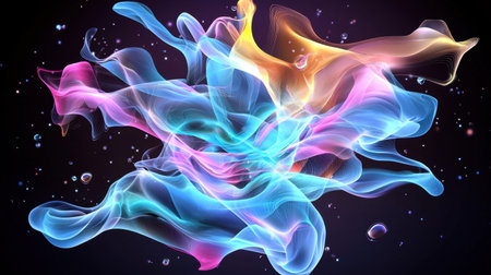 This stunning abstract artwork features colorful swirling forms that create a dynamic visual experience. The ethereal waves flow gracefully against a dark backdrop.の素材