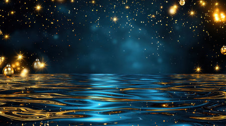 A captivating night scene featuring shimmering blue water and sparkling golden stars, creating a magical and serene atmosphere perfect for artistic and festive themes.の素材