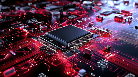 A striking close-up of a futuristic circuit board featuring vibrant red and black colors, showcasing intricate details of electronics and connections.の素材