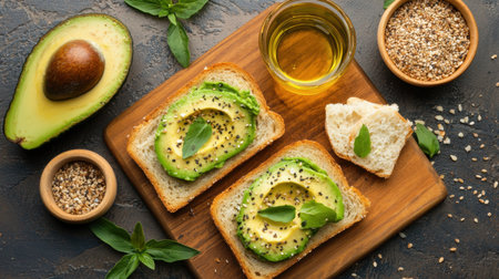Enjoy a vibrant display of fresh avocado toast garnished with olive oil, sesame seeds, and basil. Perfect for a nutritious breakfast or snack option.の素材