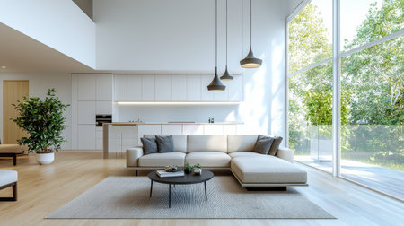 A modern living room featuring minimalist design, large windows, and natural light. The space is stylish and inviting, ideal for relaxation and comfort.の素材