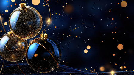 Discover a stunning image of elegant Christmas ornaments adorned with gold sparkles against a deep blue background, perfect for holiday-themed designs.の素材