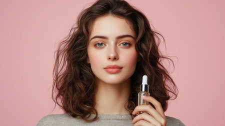 A stunning woman showcases her natural beauty while holding a serum against a soft pink background. This image captures elegance and confidence in skincare.の素材