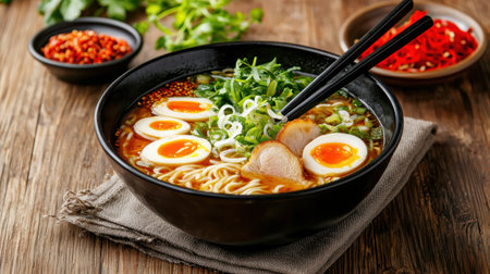 Experience the rich flavors of a traditional ramen bowl topped with soft-boiled eggs, fresh green onions, and spices, perfect for any meal.の素材