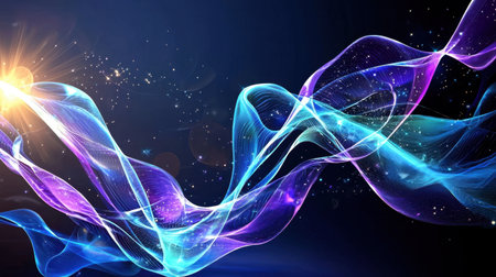 This vibrant and colorful abstract image features flowing waves of light in blue, green, and purple on a deep dark background. The design is dynamic and mesmerizing, perfect for creative projects.の素材