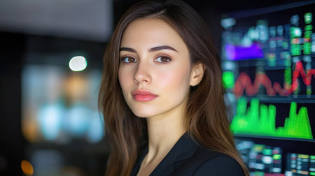 A confident businesswoman stands in front of dynamic financial data, representing modern business themes such as investment, analysis, and growth in a sleek professional environment.の素材