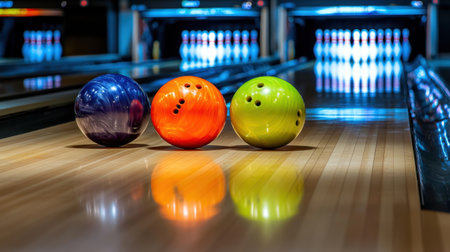 Three vibrant bowling balls sit on a polished lane, reflecting light. The colorful spheres invite players to a fun game in a lively bowling alley atmosphere.の素材