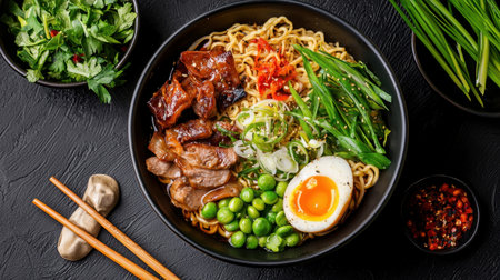 A vibrant Asian noodle bowl features tender meat, a soft-boiled egg, and fresh vegetables. Perfect for showcasing culinary art and healthy meals.の素材