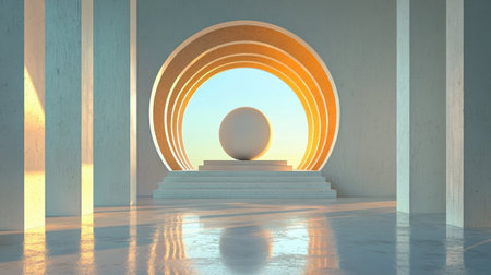 This stunning architectural space features a central sphere surrounded by soft circular patterns, creating a serene and inviting atmosphere. Perfect for modern design projects.の素材