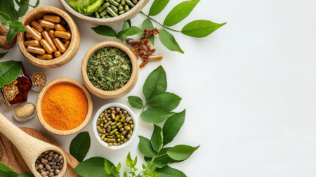 A vibrant display of fresh herbs and natural ingredients showcases their potential in health and wellness. Perfect for promoting holistic lifestyles and nutritious diets.の素材