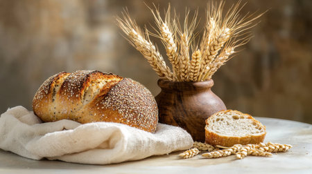 This image showcases a freshly baked artisan bread resting on a cloth, accompanied by wheat ears in a rustic setting, highlighting natural textures and warmth.の素材