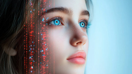 A captivating portrait of a young woman with striking blue eyes. Digital elements blend with her features, creating a surreal and imaginative aesthetic.の素材