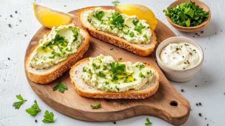 Indulge in delicious toasted bread topped with creamy herbal spread, garnished with fresh parsley and lemon. Perfect for snacks or appetizers.の素材