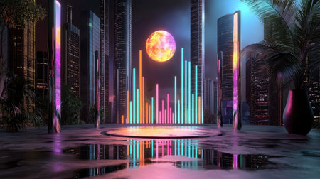 A dazzling futuristic urban landscape featuring neon lights, towering buildings, and a glowing full moon, creating a captivating and vibrant atmosphere at night.の素材