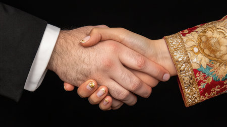 An elegant handshake illustrates a moment of connection and mutual respect, showcasing diverse cultural attire and symbolizing trust in partnerships and agreements.の素材