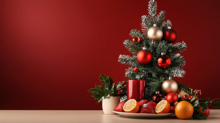 A vibrant Christmas scene featuring a decorated tree, candles, and fresh fruits. Perfect for celebrating the holiday spirit with warmth and joy.の素材