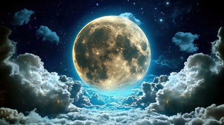 A stunning full moon illuminates the night sky above fluffy clouds, surrounded by sparkling stars, creating a magical and tranquil atmosphere in nature.の素材