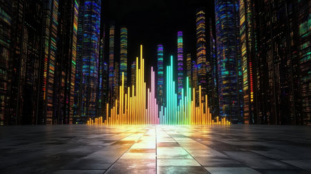 A stunning visualization of colorful sound waves set against a futuristic cityscape, highlighting vibrant lights and digital patterns for an energetic atmosphere.の素材