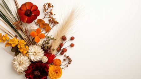 Vibrant dried flower arrangement featuring red, orange, and yellow flowers on a minimalist white background, perfect for decor or design inspiration.の素材