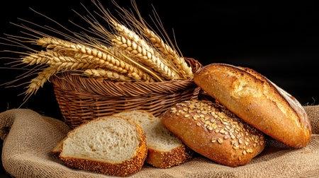 A beautiful arrangement featuring freshly baked bread and golden wheat in a rustic basket, set on burlap. This image evokes warmth and comfort in food culture.の素材