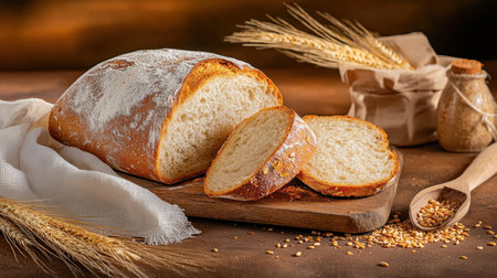 A beautifully crafted loaf of freshly baked bread with slices displayed on a rustic wooden surface, surrounded by grains and cooking tools, embodying warmth and comfort.の素材