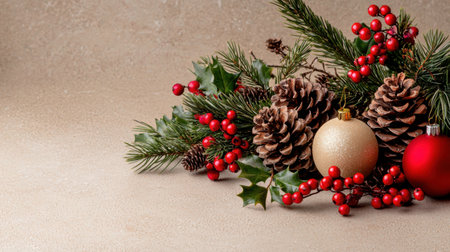 This beautiful arrangement features pinecones, red berries, and festive ornaments, perfect for Christmas decor. Ideal for creating a cozy holiday atmosphere.の素材