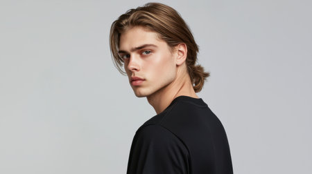 This portrait features a young man with long hair wearing a black shirt, showcasing a confident and stylish expression against a simple background.の素材