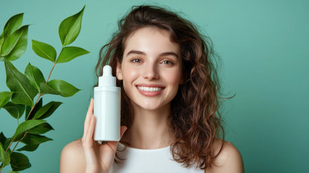 A cheerful young woman smiles while holding a skincare bottle against a green backdrop. This image represents beauty, self-care, and natural wellness. Perfect for cosmetic promotions.の素材