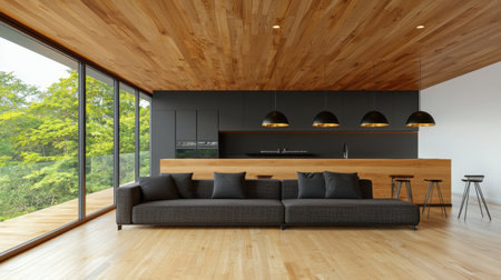 A spacious modern living room featuring a sleek black sofa, warm wooden accents, and large windows that invite natural light, creating a serene and welcoming atmosphere.の素材
