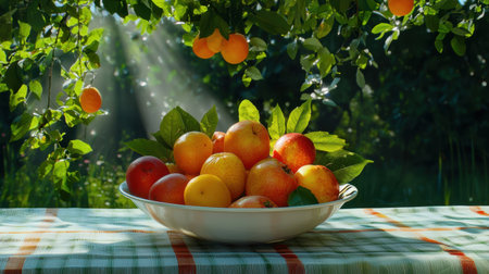 A vibrant bowl of fresh fruits, including oranges and apples, rests on a table in a sunlit garden, surrounded by lush green leaves, evoking a sense of summer harvest.の素材