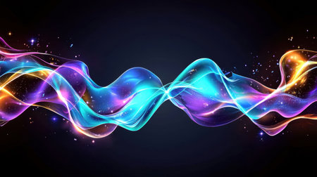 Explore a stunning blend of colorful abstract waves of light. This visually captivating image features smooth lines, sparkles, and a dark background that creates a dynamic sense of motion.の素材