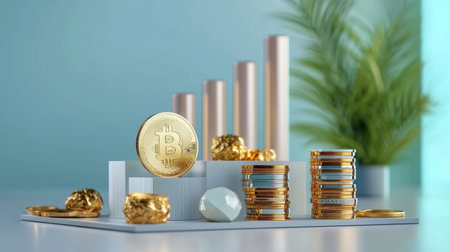 The image showcases a cryptocurrency investment theme, featuring bitcoin, gold coins, and growth charts, symbolizing wealth and financial planning.の素材